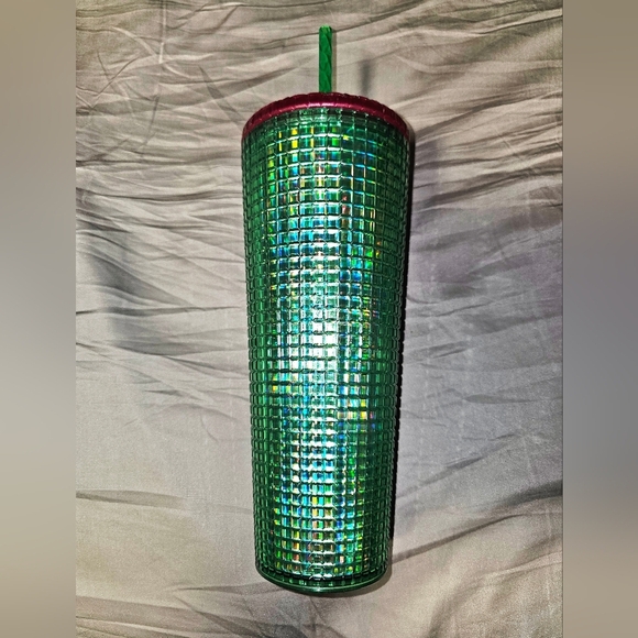 NWT Starbucks 2023 Iridescent Green & Pink Grid Disco Bling Venti Tumbler - Picture 4 of 5